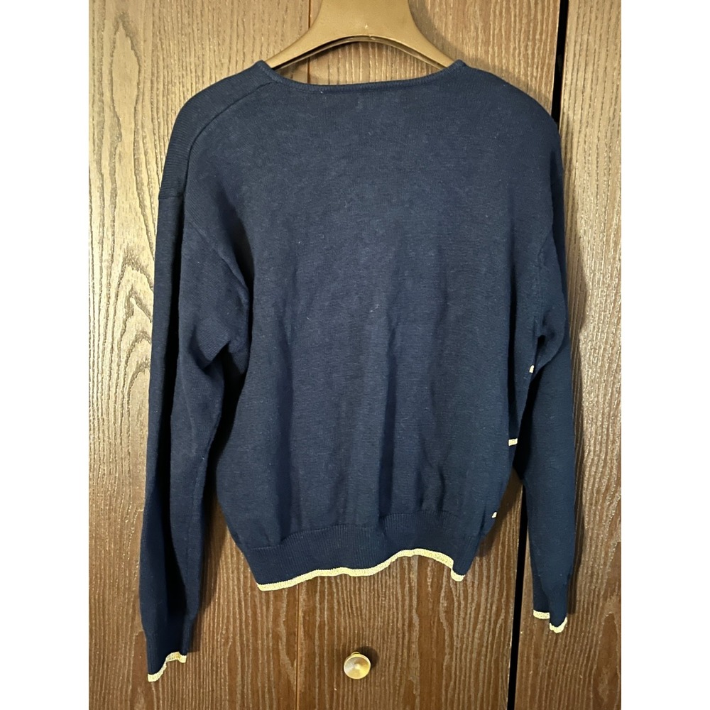 Leslie Fay Navy Blue Gold Metallic Striped Nautical Anchor Button Cardigan L - Picture 3 of 8